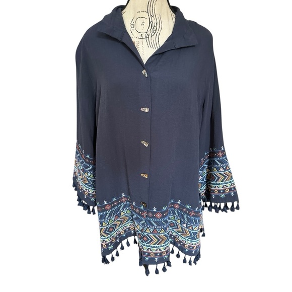 John Mark Embroidered Tassel Hem Button Front Blouse Navy 0X Plus Sz Boho Aztec - Picture 2 of 16